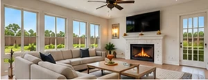 Living room with a fireplace in a portfolio home