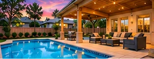 Covered patio and pool at a portfolio home